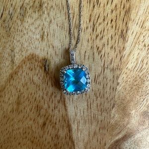 Cushion-Cut Blue Topaz and White Sapphire Pendant in 10K White Gold Pave Accents